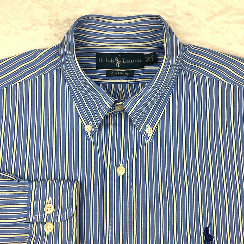 Ralph Lauren Shirt Mens 15.5-32/33 Blue/Yellow Stripes Classic Fit Long Sleeves